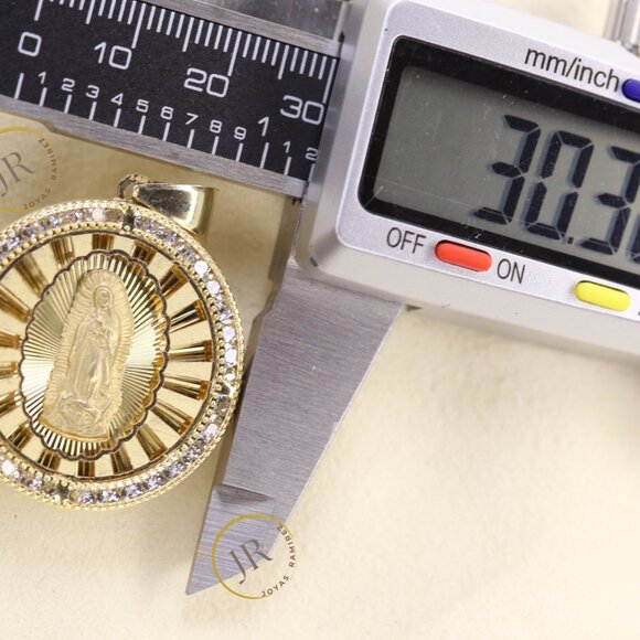 14K Solid Gold Round Virgin Mary Pendant · Guadalupe Medallion with White CZ. - Picture 8 of 8